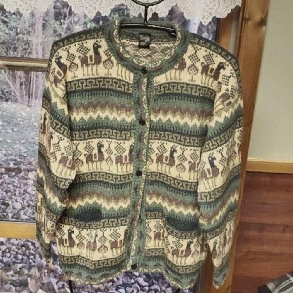 Arcohi's Hand Knitted‎ Graphic 100% Alpaca Button Down Sz. M Sweater Cardigan